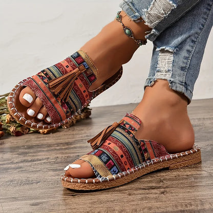 Momount Sandale Plate Damă Confort Slip On Casual Vară Suport Pernuțat Ușoare Vârf Deschis Design Boho cu Ciucuri