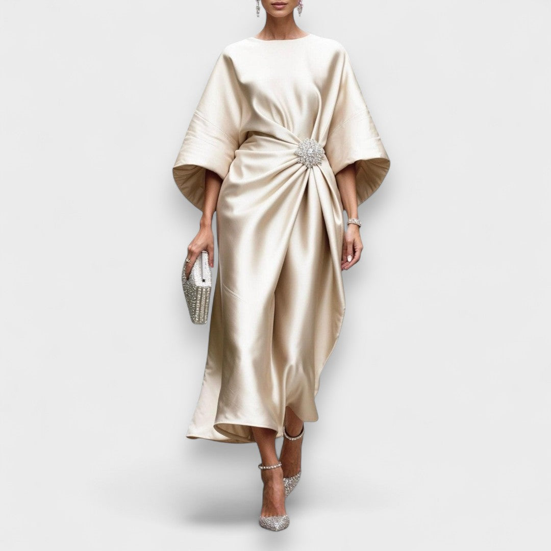 Momount Rochie Midi din Satin Damă – Drapată cu Mâneci Batwing Elegantă