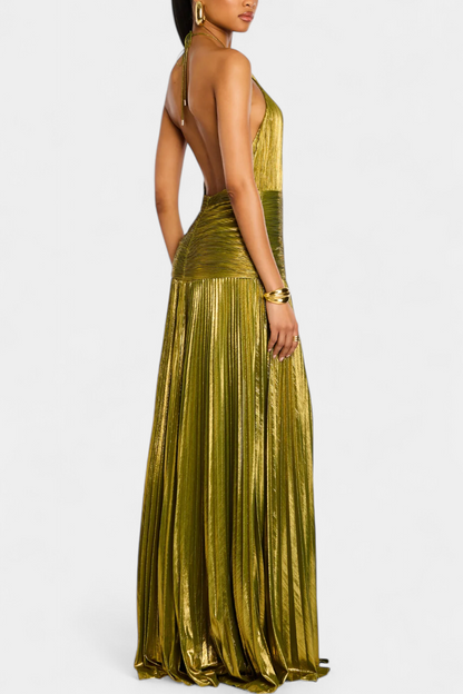 Evangelia | Rochie Maxi Elegantă Metalică Plisată cu Decolteu Halter