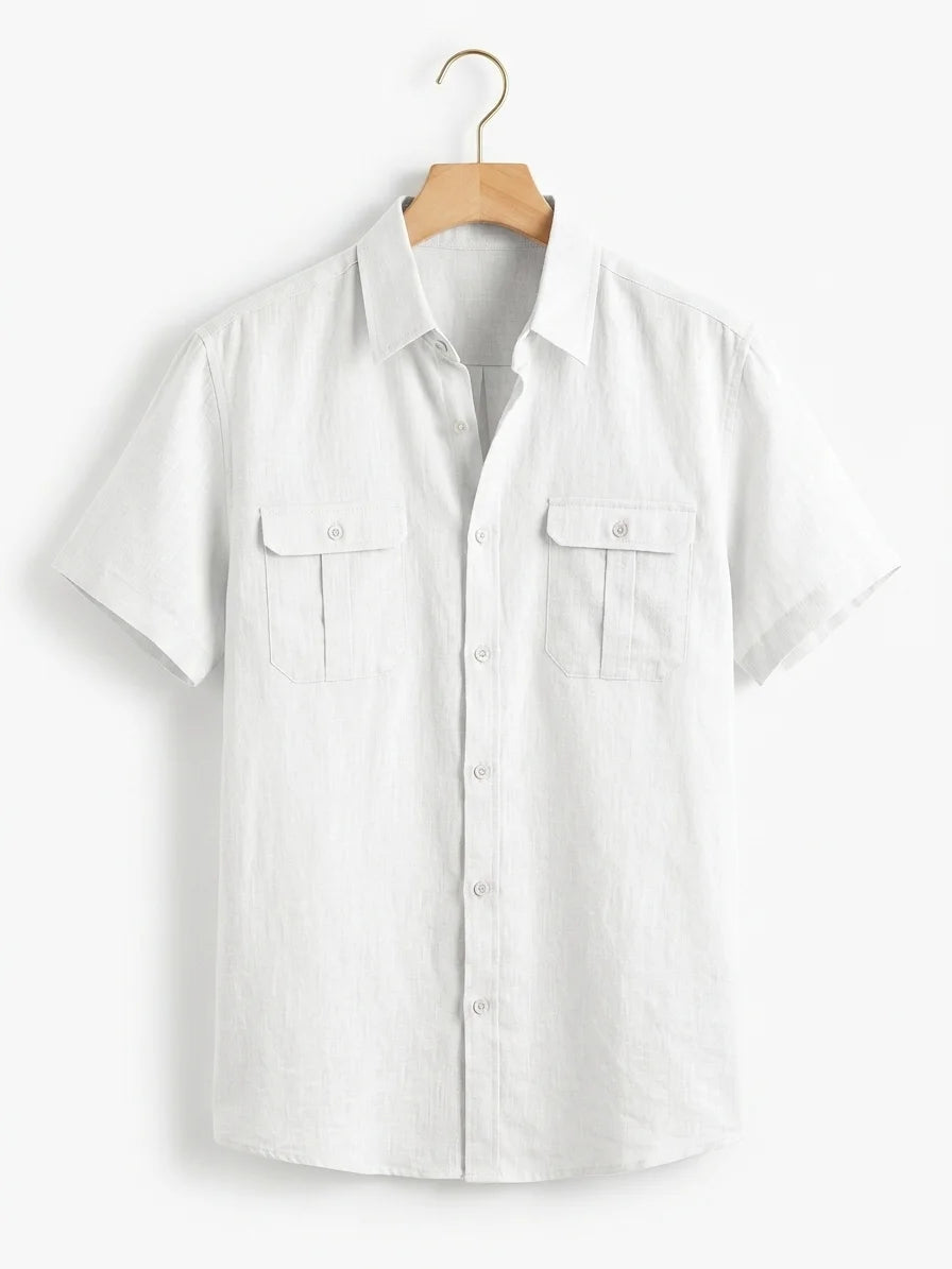 Momount Men Linen Shirt – Short Sleeve Double Chest Pocket Utility Casual - White - hanger