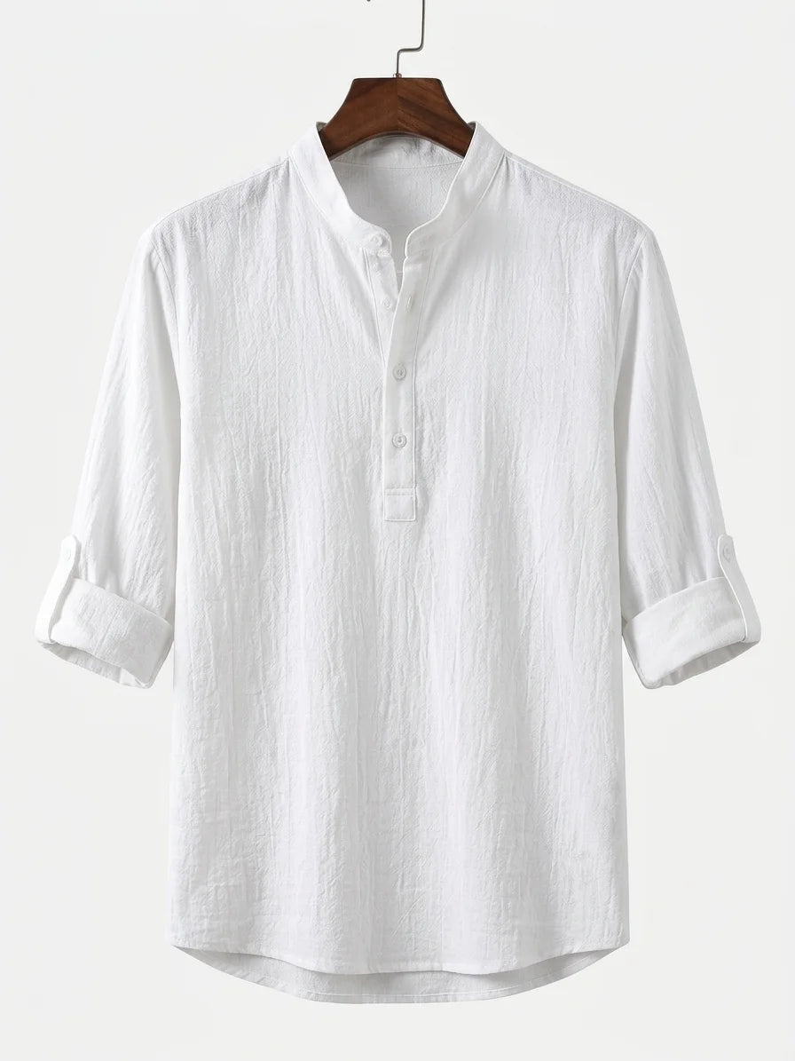 Momount Men Waffle Linen Shirt – Long Sleeve Band Collar Chest Pocket - White - hanger