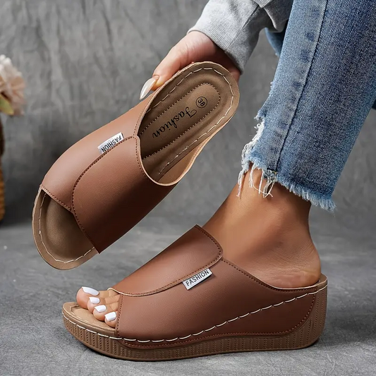 Momount Sandale Wedge Platformă Damă – Mule din Piele Maro cu Vârf Deschis