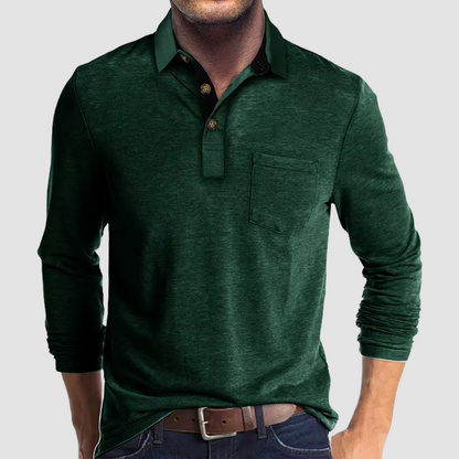 Momount Tricou Polo Bărbați Mânecă Lungă – Guler Contrast cu Buzunar Croială Clasică