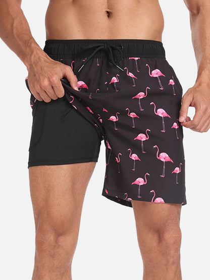 Pantaloni de Baie Momount Bărbați – Imprimeu Flamingo, Cordon, Plajă de Vară