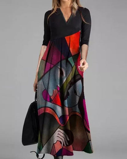 Cassellia | Rochie Maxi Evazată cu Imprimeu Abstract și Decolteu în V | Momount Vară