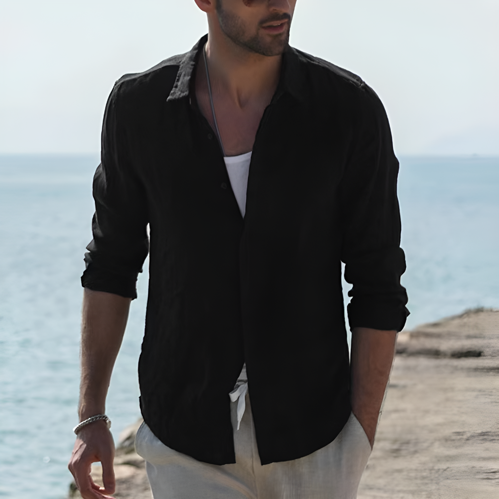 Cămașă din In Momount Bărbați – Mânecă Lungă, Guler Întors, Cu Nasturi, Clasică