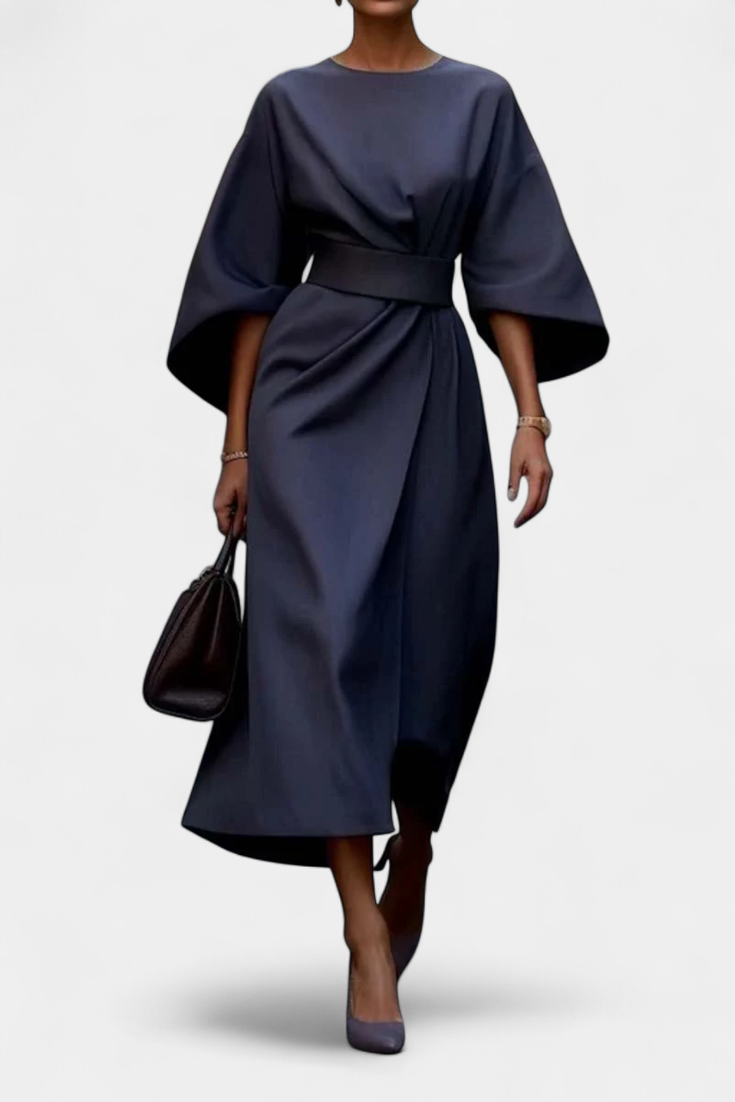 Rochie Midi de Birou Momount Damă – Croială Lejeră, Mânecă Largă, Curea Eleganta
