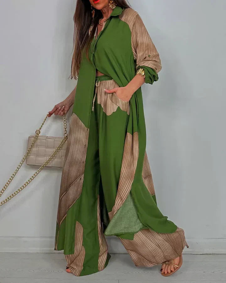 Araminta | Set de Vară cu Imprimeu Botanic, Cămașă cu Nasturi și Pantaloni Largi