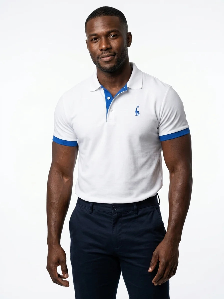 Momount Men Polo Shirt – Contrast Collar Embroidered Logo Short Sleeve - White - front