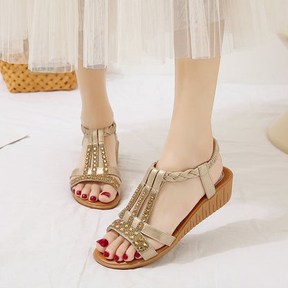 Sandale Wedge Momount Damă – Boho cu Strasuri, Curele Împletite T-Strap pentru Vară