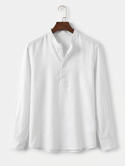 Momount Men Linen Henley Shirt – Long Sleeve Band Collar Breathable Casual - White - hanger