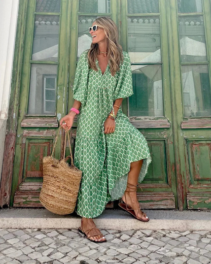 Bellanova | Rochie Maxi de Vară Boho cu Imprimeu și Volane