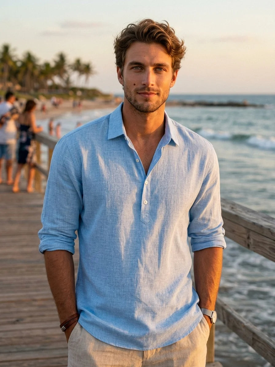 Momount Men Linen Shirt – Long Sleeve Popover Button Placket Casual - Sky Blue - lifestyle_beach