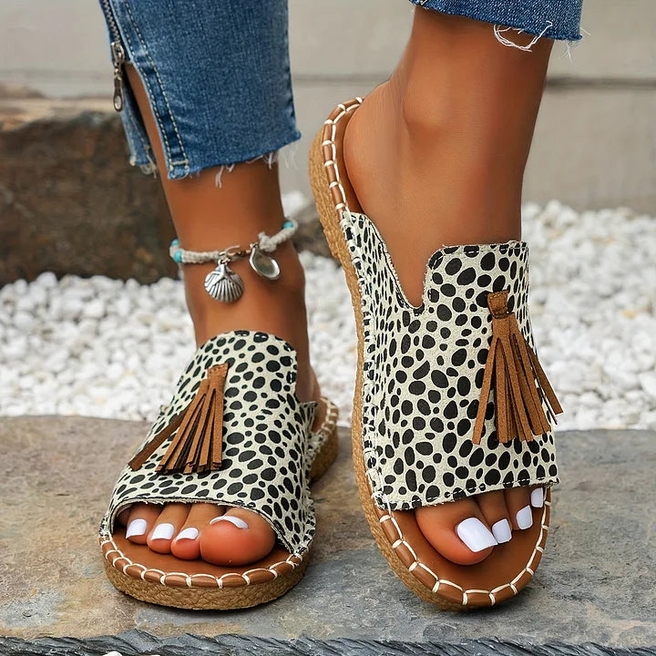 Momount Sandale Plate Damă Confort Slip On Casual Vară Suport Pernuțat Ușoare Vârf Deschis Design Boho cu Ciucuri