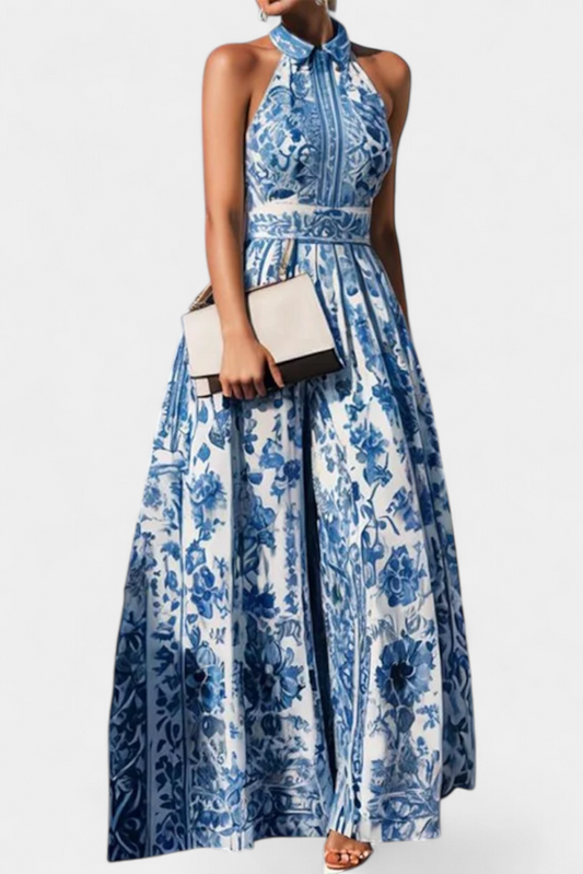 Rochie Maxi Florală Momount Damă – Halter, Fără Mâneci, Eleganta