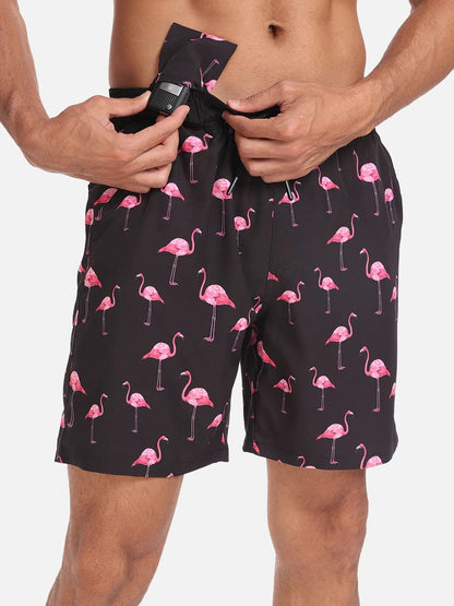 Pantaloni de Baie Momount Bărbați – Imprimeu Flamingo, Cordon, Plajă de Vară