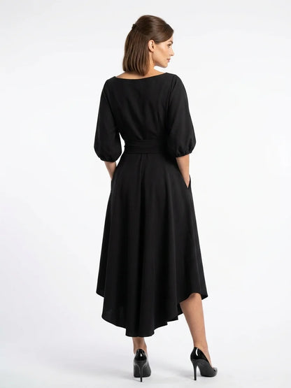 Ameliana | Elegant Off Shoulder Belted Summer Midi Dress - Black - back