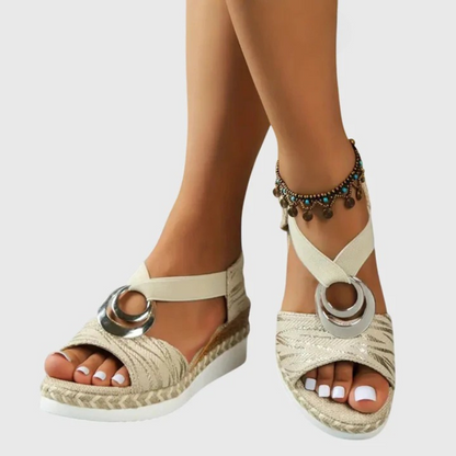 Momount Sandale Wedge Espadrile Damă – Roz Pal Metalic cu Curea la Gleznă