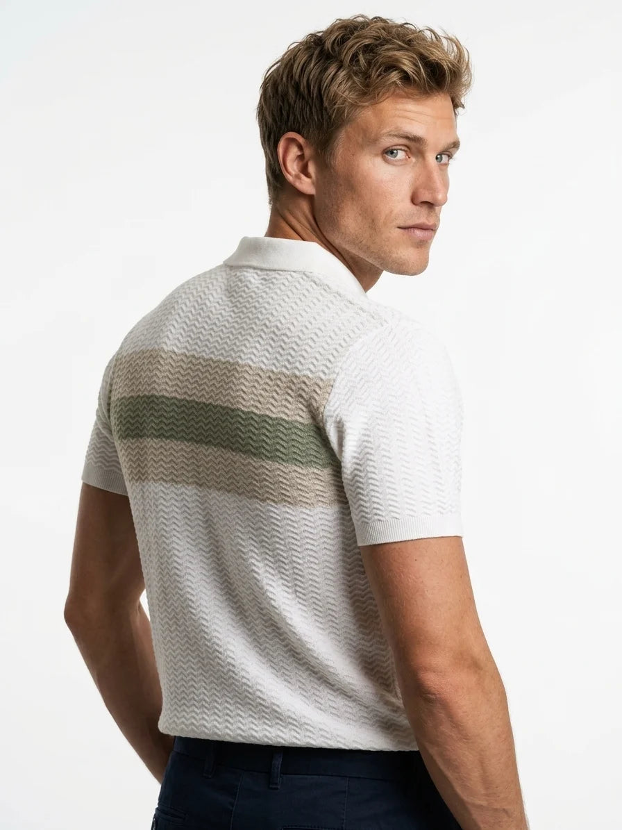 Momount Men Half Zip Polo Shirt – Knit Contrast Stripe Short Sleeve - White - back