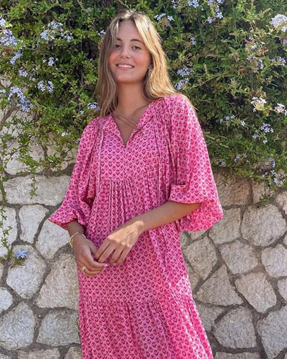 Bellanova | Rochie Maxi de Vară Boho cu Imprimeu și Volane