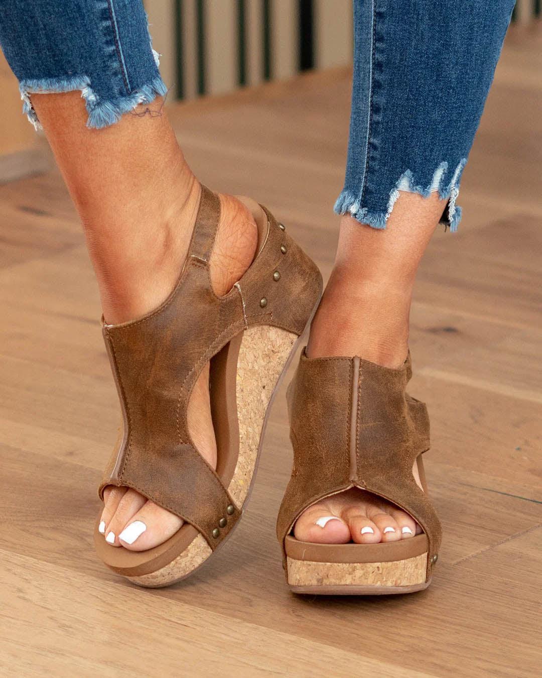 Sandale Wedge Momount Damă – Piele Patinată, Platformă din Plută, Slingback