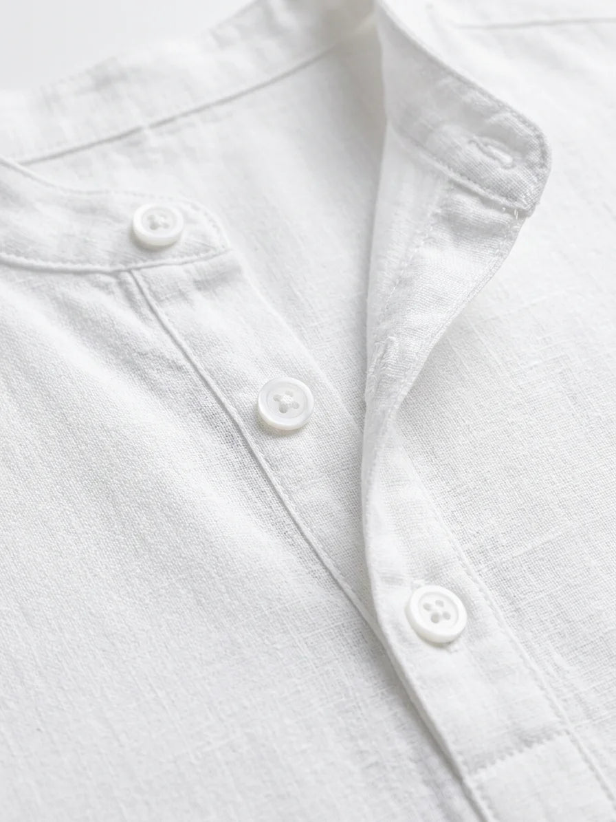 Momount Men Linen Henley Shirt – Long Sleeve Band Collar Breathable Casual - White - detail