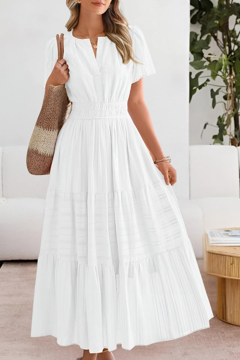 Evangelia | Rochie Midi Boho de Vară Smocked cu Decolteu V, Etajată