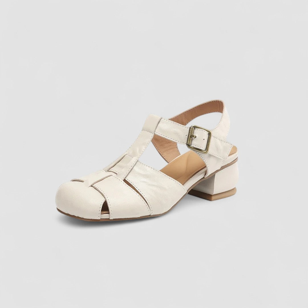 Arabella | Sandale din Piele cu Cataramă Vintage și Toc Bloc