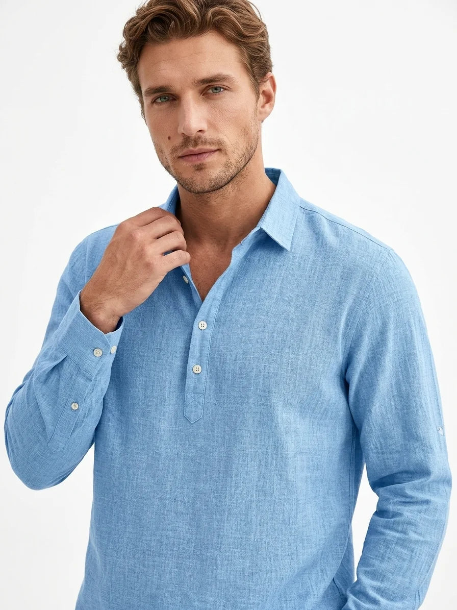 Momount Men Linen Shirt – Long Sleeve Popover Button Placket Casual - Sky Blue - closeup