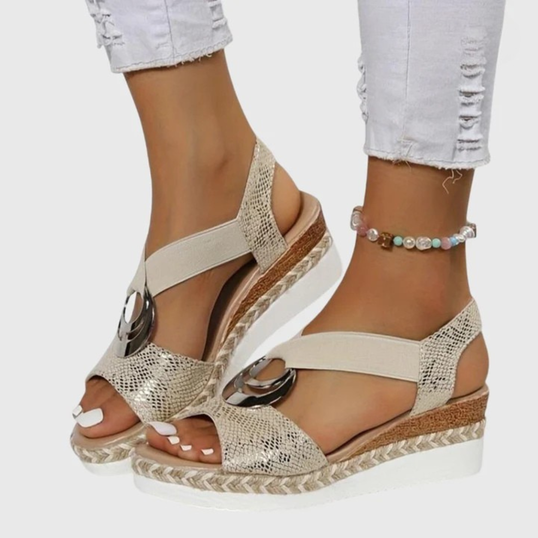 Momount Sandale Wedge Espadrile Damă – Roz Pal Metalic cu Curea la Gleznă