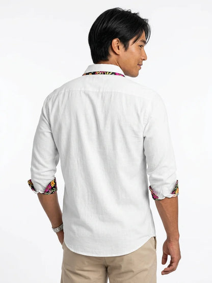 Momount Men Linen Shirt – Long Sleeve Floral Contrast Trim Hawaiian Casual - White - back