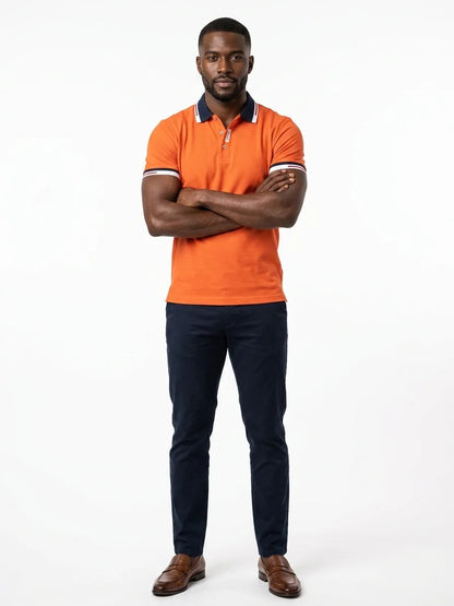 Momount Men Polo Shirt – Contrast Collar Striped Cuff Short Sleeve - Orange - front