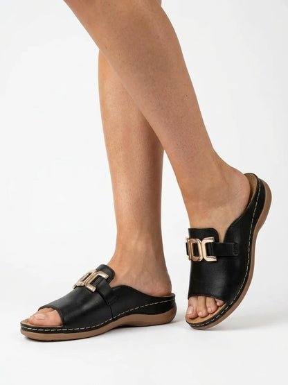 Bellarisa | Gold Chain Buckle Flat Slide Sandals - Black - onfoot