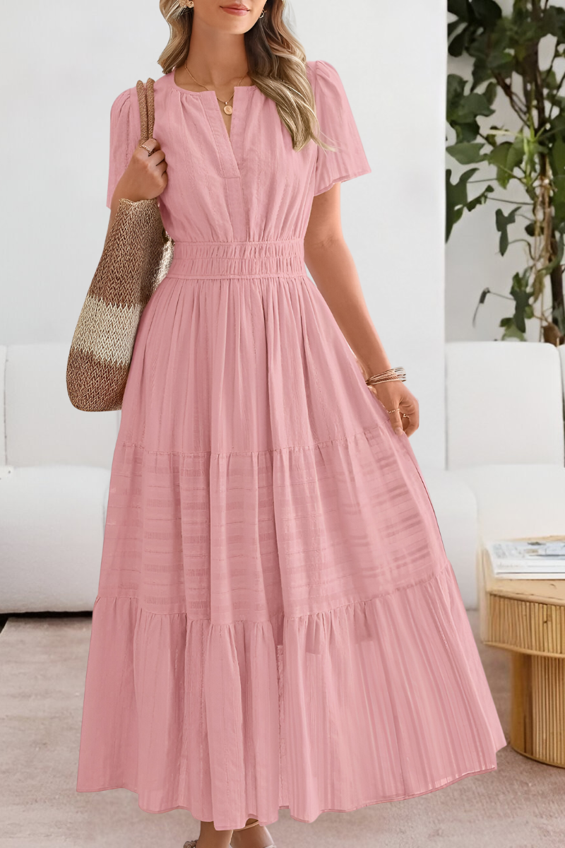 Evangelia | Rochie Midi Boho de Vară Smocked cu Decolteu V, Etajată