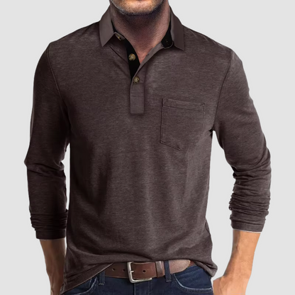 Momount Tricou Polo Bărbați Mânecă Lungă – Guler Contrast cu Buzunar Croială Clasică