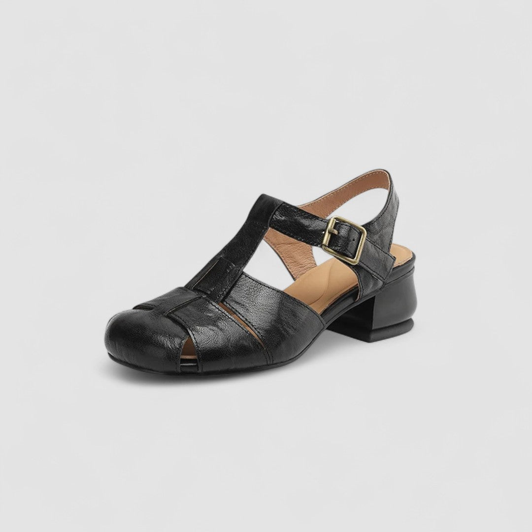 Arabella | Sandale din Piele cu Cataramă Vintage și Toc Bloc