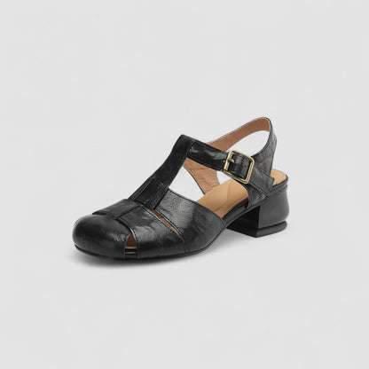 Arabella | Sandale din Piele cu Cataramă Vintage și Toc Bloc