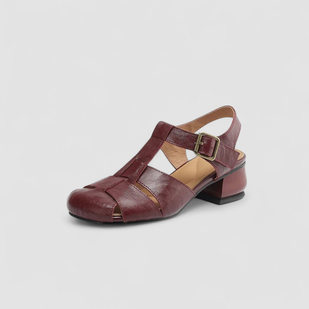 Momount | Sandale Damă din Piele – Vârf Închis cu Cataramă, Toc Mic, Vintage