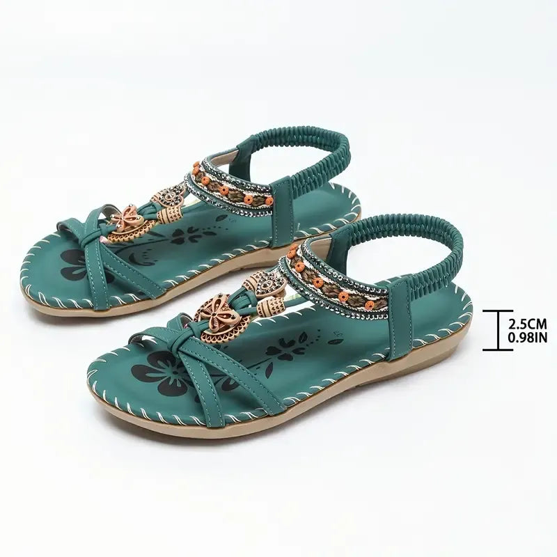 Sandale Slingback Momount Damă – Turcoaz Boho cu Mărgele și Strasuri, Plate