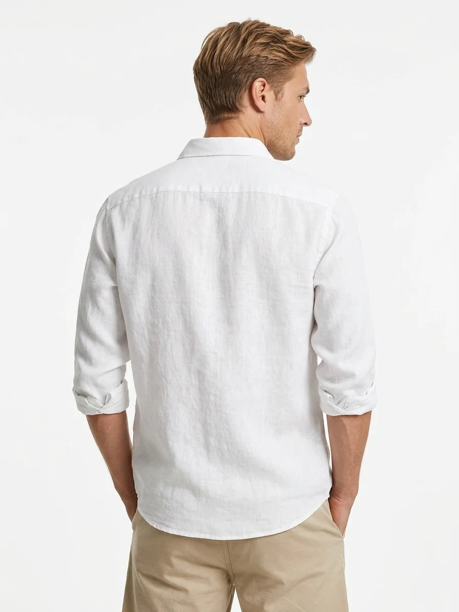 Momount Men Linen Shirt – Long Sleeve Button Up Relaxed Fit Beach - White - back
