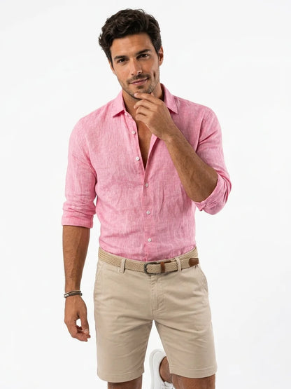 Momount Men Linen Shirt – Long Sleeve Turn Down Collar Summer Casual - Pink - front