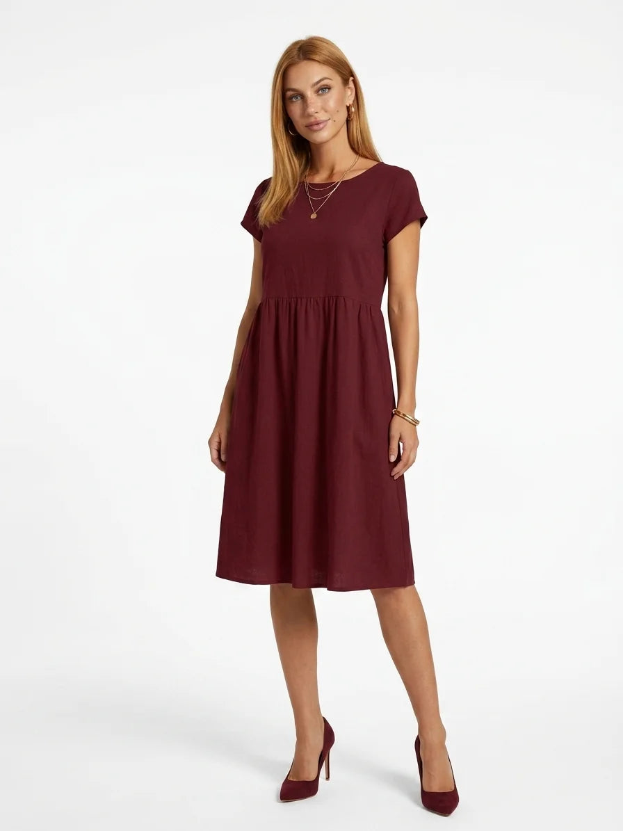 Amadea | Cotton Short Sleeve Tiered Summer Midi Dress - Burgundy - front