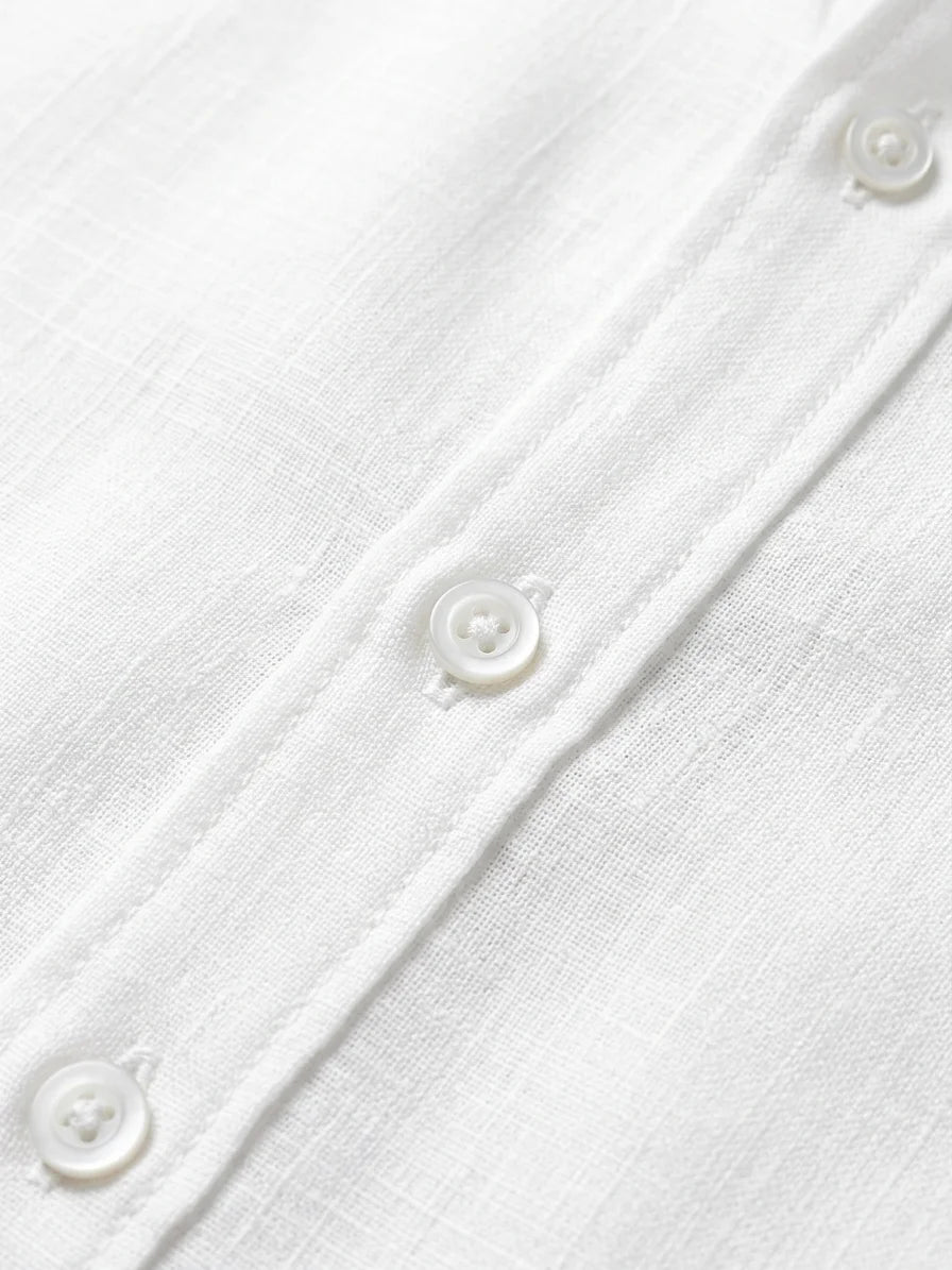 Momount Men Linen Shirt – Long Sleeve Turn Down Collar Summer Casual - White - detail