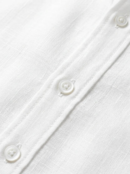 Momount Men Linen Shirt – Long Sleeve Turn Down Collar Summer Casual - White - detail