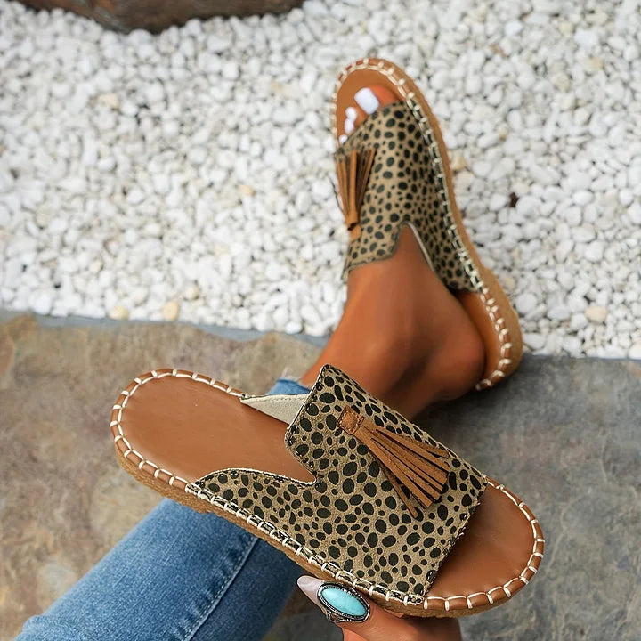 Momount Sandale Plate Damă Confort Slip On Casual Vară Suport Pernuțat Ușoare Vârf Deschis Design Boho cu Ciucuri