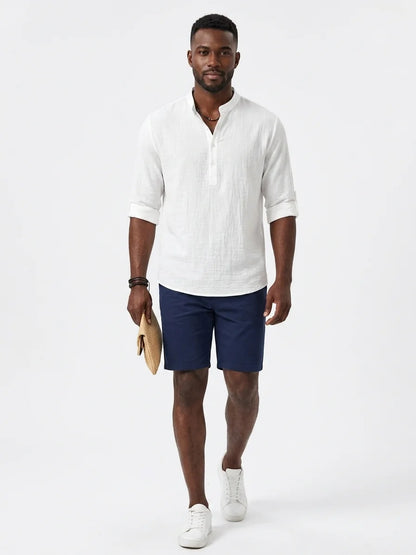 Momount Men Waffle Linen Shirt – Long Sleeve Band Collar Chest Pocket - White - front