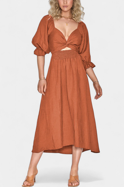 Rochie Midi de Vară Momount Damă – Mânecă Bufantă cu Decupaj, Croială A-line