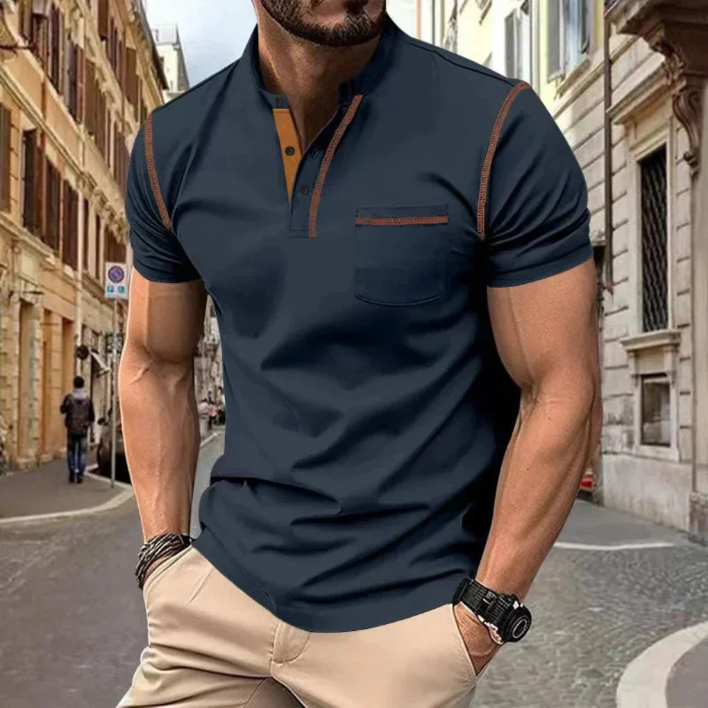 Momount Tricou Polo Bărbați – Guler Tunică cu Detalii de Contrast și Buzunar la Piept