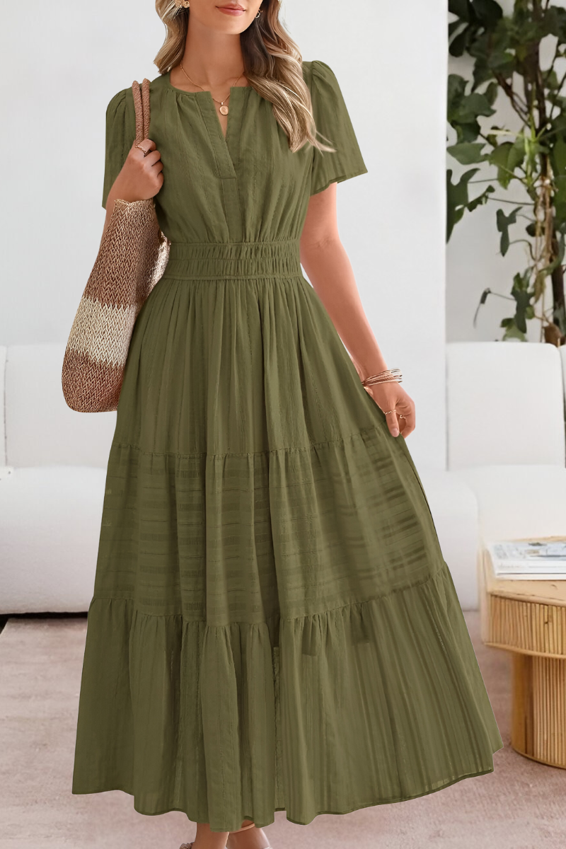 Evangelia | Rochie Midi Boho de Vară Smocked cu Decolteu V, Etajată