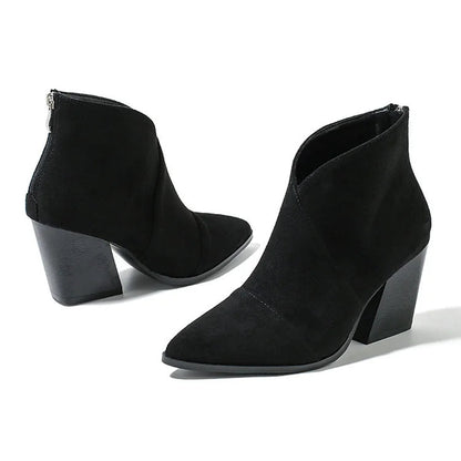 Isadora | Cizme Glezniere din Piele Întoarsă cu Toc Bloc și Vârf Ascuțit